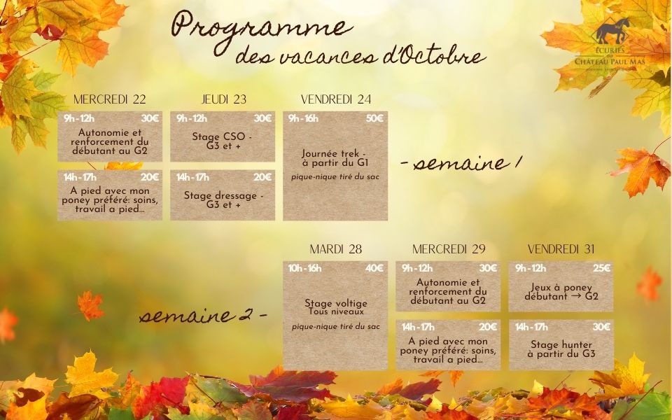 Stage d'automne des écuries du château paul mas 2025 montagnac  programme